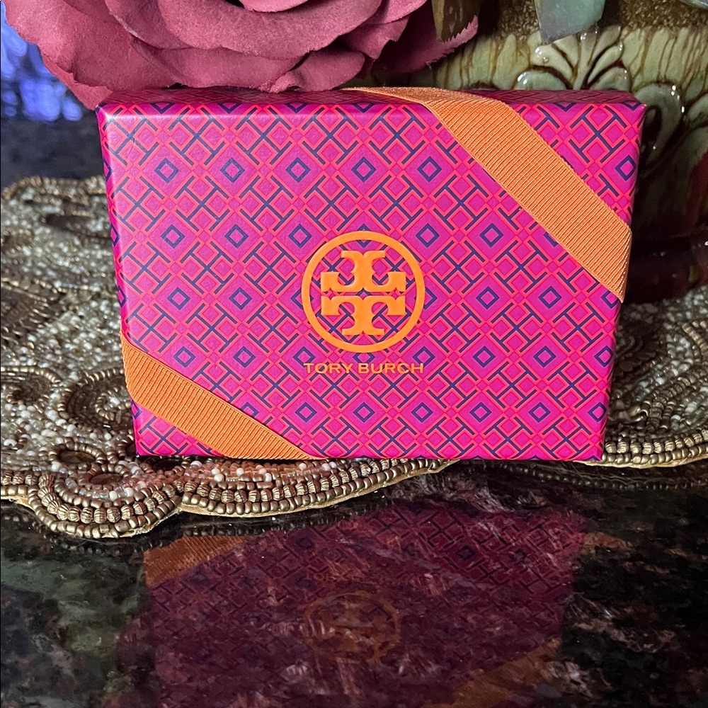 Tory Burch Pink, Orange and Gold Patterned Box with Elastic Band Detail